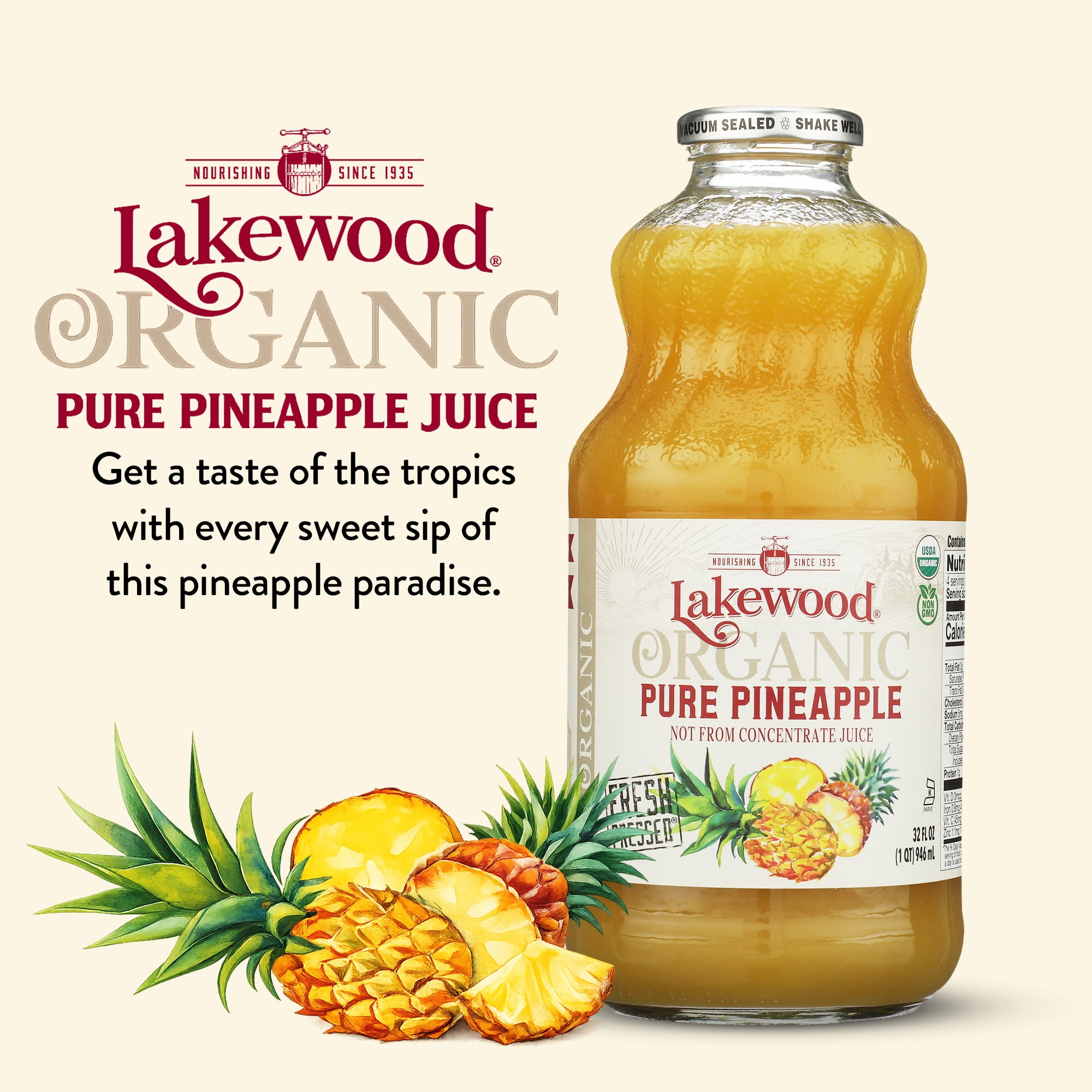 Lakewood Organic Pure Pineapple Juice Not from Concentrate Fresh Pressed 32 fl oz