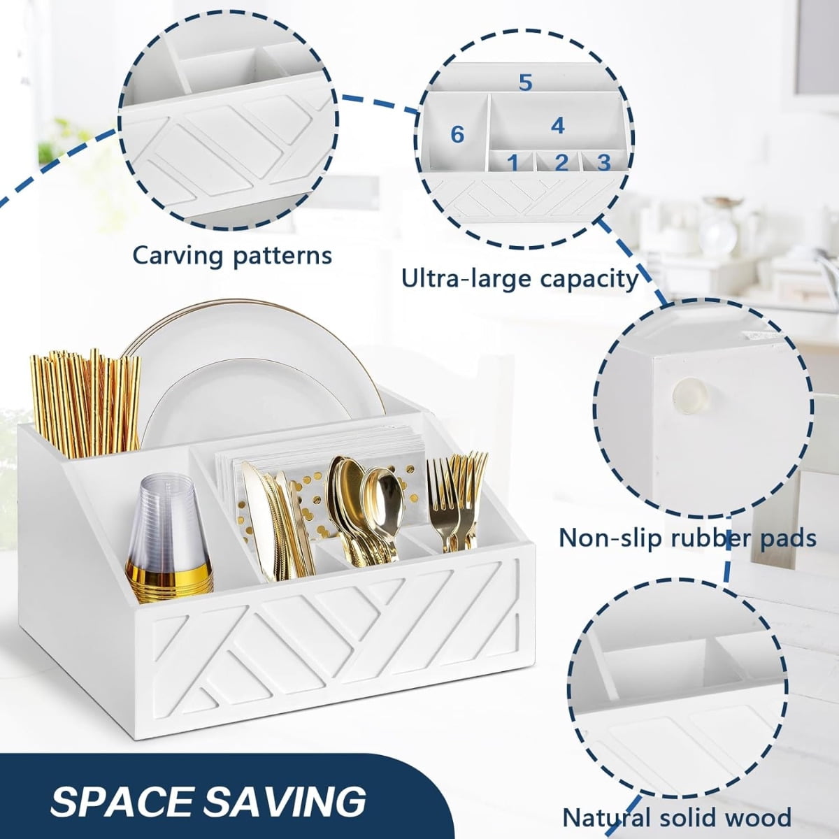 Paper Plate Dispenser, Paper Plate Holder for Kitchen Counter, Wood Silverware Utensil Caddy, Cutlery Flatware Organizer Box for Kitchen (White)
