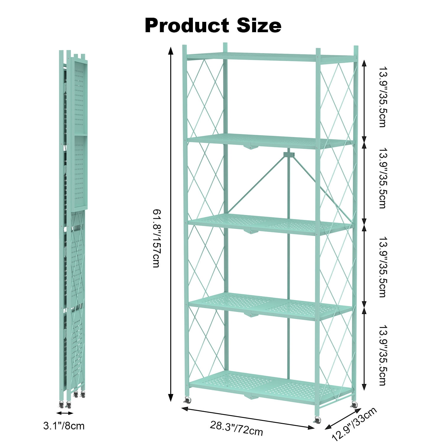 5 Tier Foldable Shelf with Wheels, Portable Carbon Steel No Assembly Organizer, Collapsible Rolling Standing Utility Storage Rack for Kitchen Pantry Office, Green