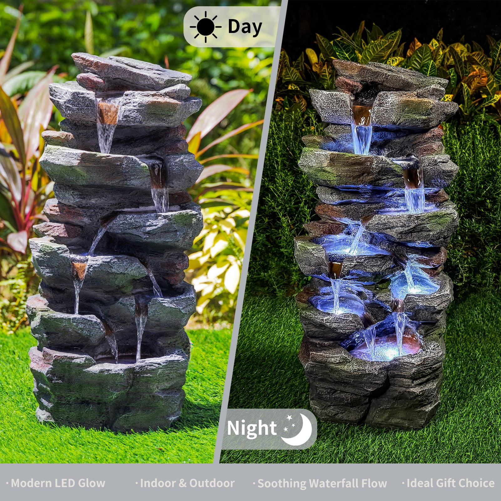 Rock Waterfall Outdoor Fountain with LED Lights Resin Stone Garden Fountain Tiered Cascading Water Feature for Patio Lawn Backyard Decor