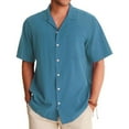 thumbnail image 2 of Huresd Men's Wrinkle Free Untucked Cuban Shirt Business Casual Button Down Tops Short Sleeve Solid Color Shirt Blue 3XL, 2 of 5