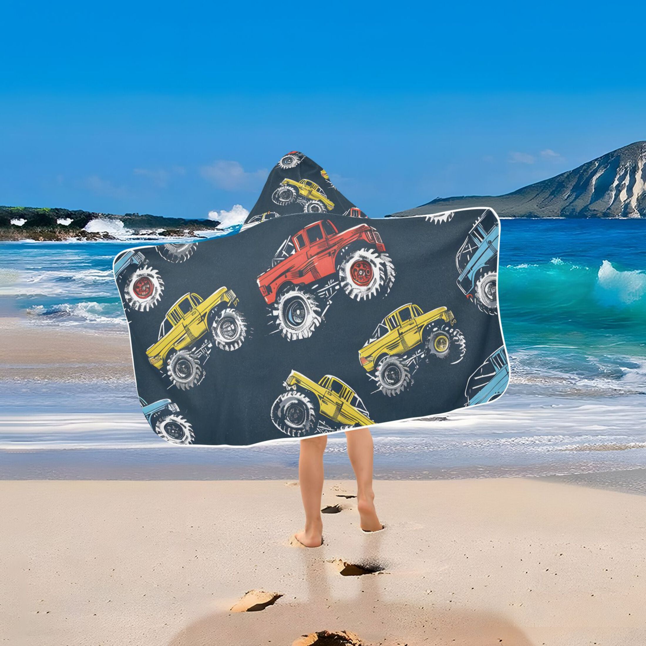 Cartoon Monster Trucks Comic Kids Hooded Beach Towel Baby Bath Poncho Towels with Hood Absorbent 50"x23.5" for Pool Swimming