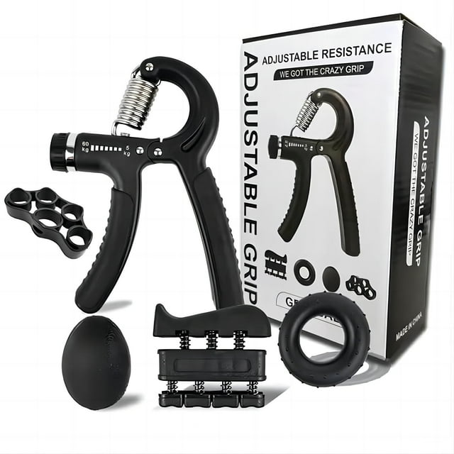 Hand Grip Strengthener Workout Kit 5 Pack Adjustable Resistance Grips And Stress Black
