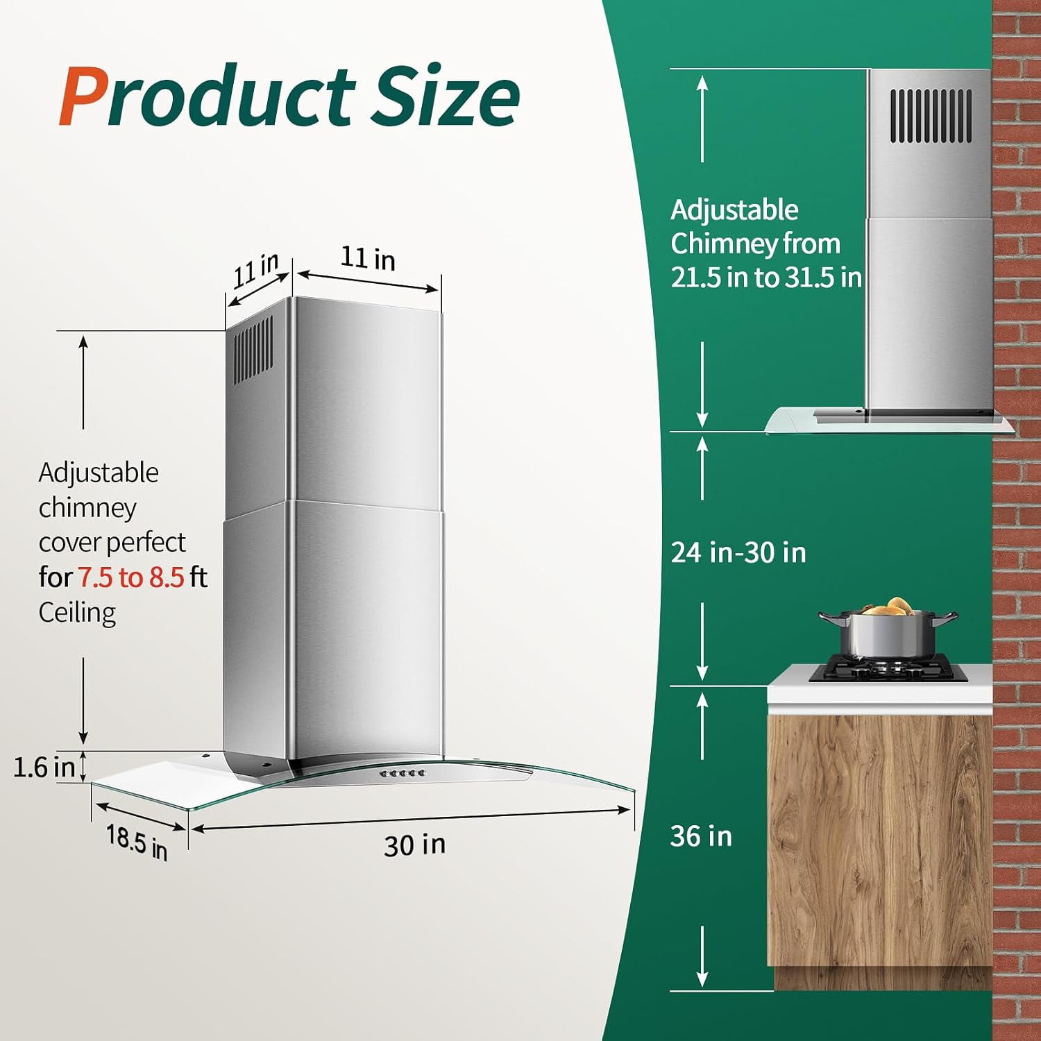 30 inch Glass Wall Mount Range Hood 450CFM Kitchen Cook 3-Speed Touch Control Range Hood 30 Inch, Tieasy Wall Mount Kitchen Hood with Ducted/Ductless Convertible Duct, Stainless Steel Chimney
