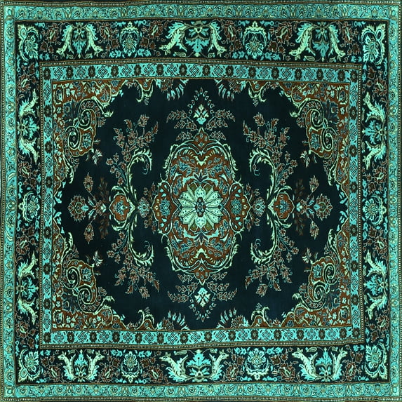 Ahgly Company Machine Washable Indoor Square Persian Turquoise Blue Traditional Area Rugs, 4' Square
