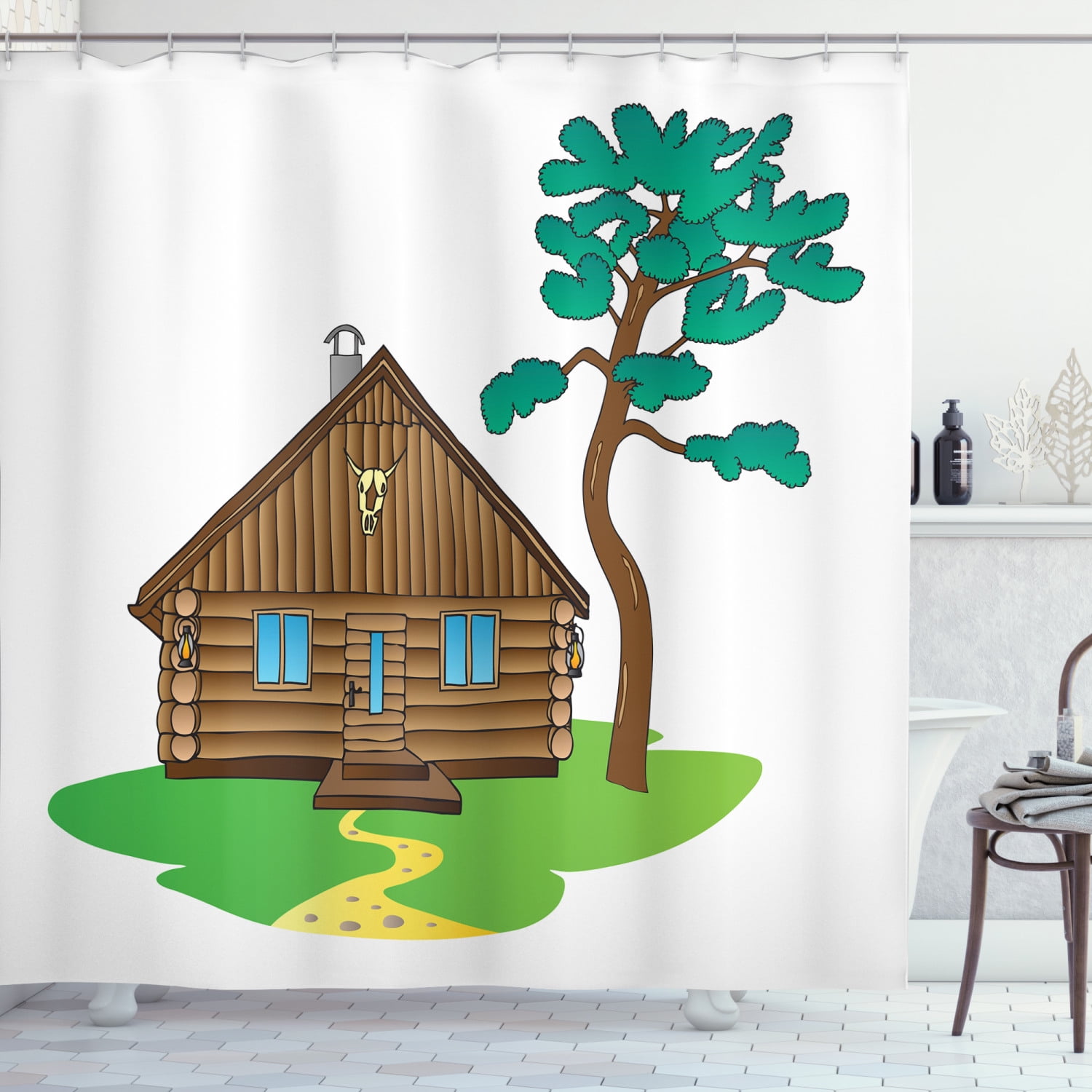 Log Cabin Shower Curtain, Image of a Rustic Lodge with a Large Tree and