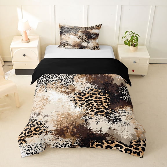Homewish Brown Leopard Print Twin Duvet Cover,Abstract Artwork Twin Bedding,Black Reversible,2pcs,1 Duvet Cover and 1 Pillowcase