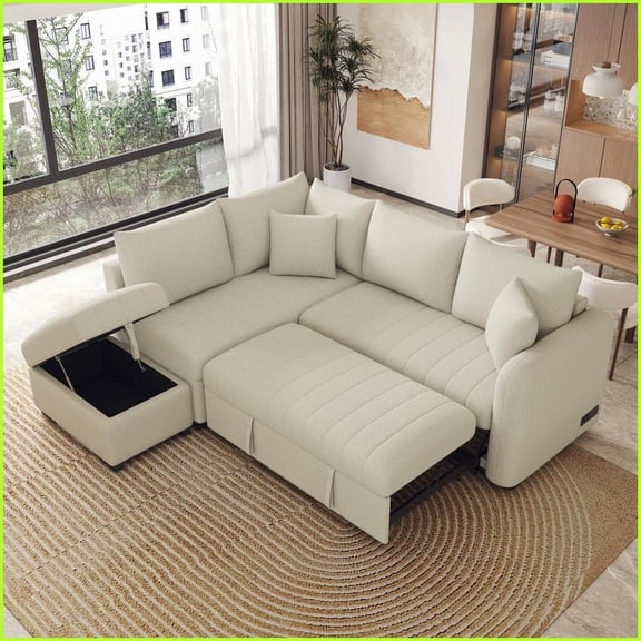 82.6'' L-Shaped Modern Jacquard Sectional Pull Out Sofa Bed with Storage Ottoman, USB & Power Ports | Beige | Foam | Loose Back