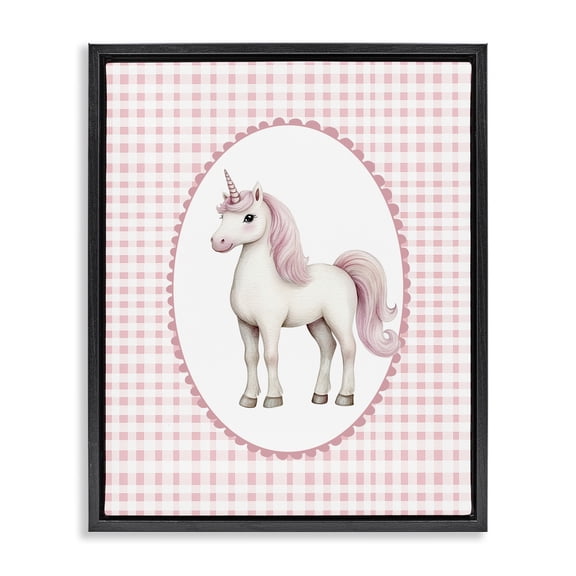 Stupell Industries Pink Gingham Unicorn Black Framed Floater Canvas Wall Art, design by Christine Simpson Art