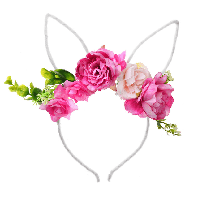 Diadema de orejas de conejo de Pascua con tiara de flores para mujeres niñas Adepaton CPB-DE-LYY967-3