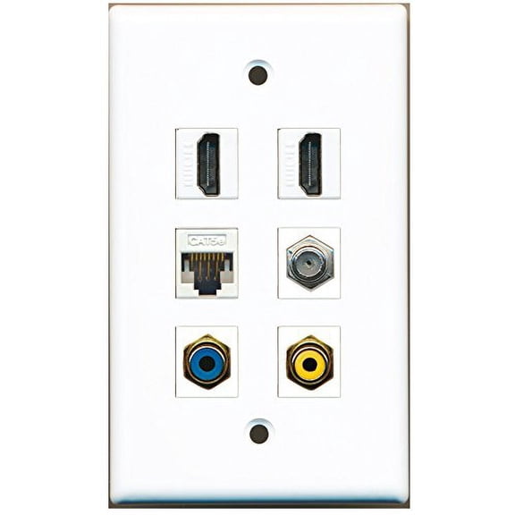 RiteAV - 2 HDMI 1 Port RCA Yellow 1 Port RCA Blue 1 Port Coax Cable TV- F-Type 1 Port Cat5e Ethernet White Wall Plate