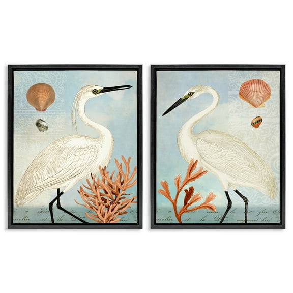 Stupell Industries Beach Items Shell Heron Egret Animals Painting Black Floater Framed Canvas Art Print Wall Art, 17 x 21, Set of 2