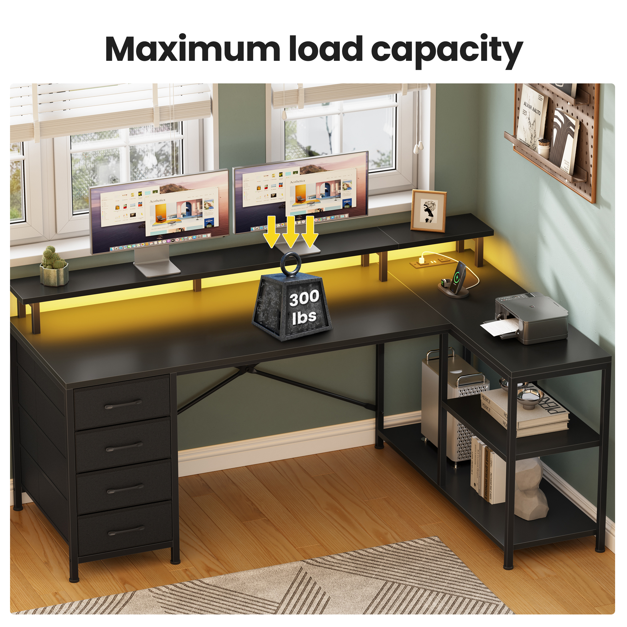 47" Gaming Desk with Power Outlets & LED Lights, L Shaped Desk with Fabric Drawers & CPU Stand, Corner Computer Desk with Open Shelves for Small Space, Black