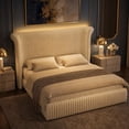 thumbnail image 4 of Hiphuta Corduroy Upholstered King Size Bed Frame with Headboard, LED Platform King Bed Frame with 55"H Tall Vertical Stripe Corduroy Wingback Headboard, White, 4 of 9