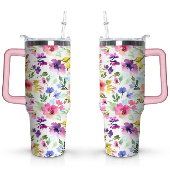 40oz Pioneer Tumbler with Handle Lid and Straw,Colorful Floral Tumblers Gifts for Women Girls Men Adults(Pink)
