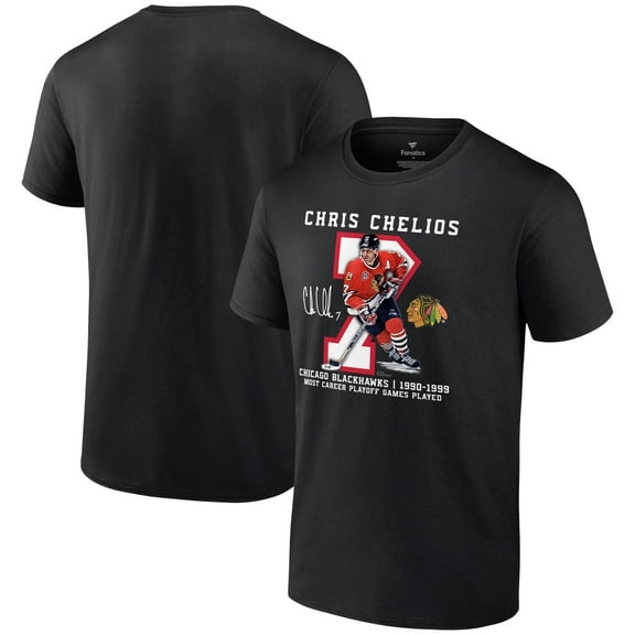 Men's Chris Chelios Black Chicago Blackhawks Jersey Retirement T-Shirt