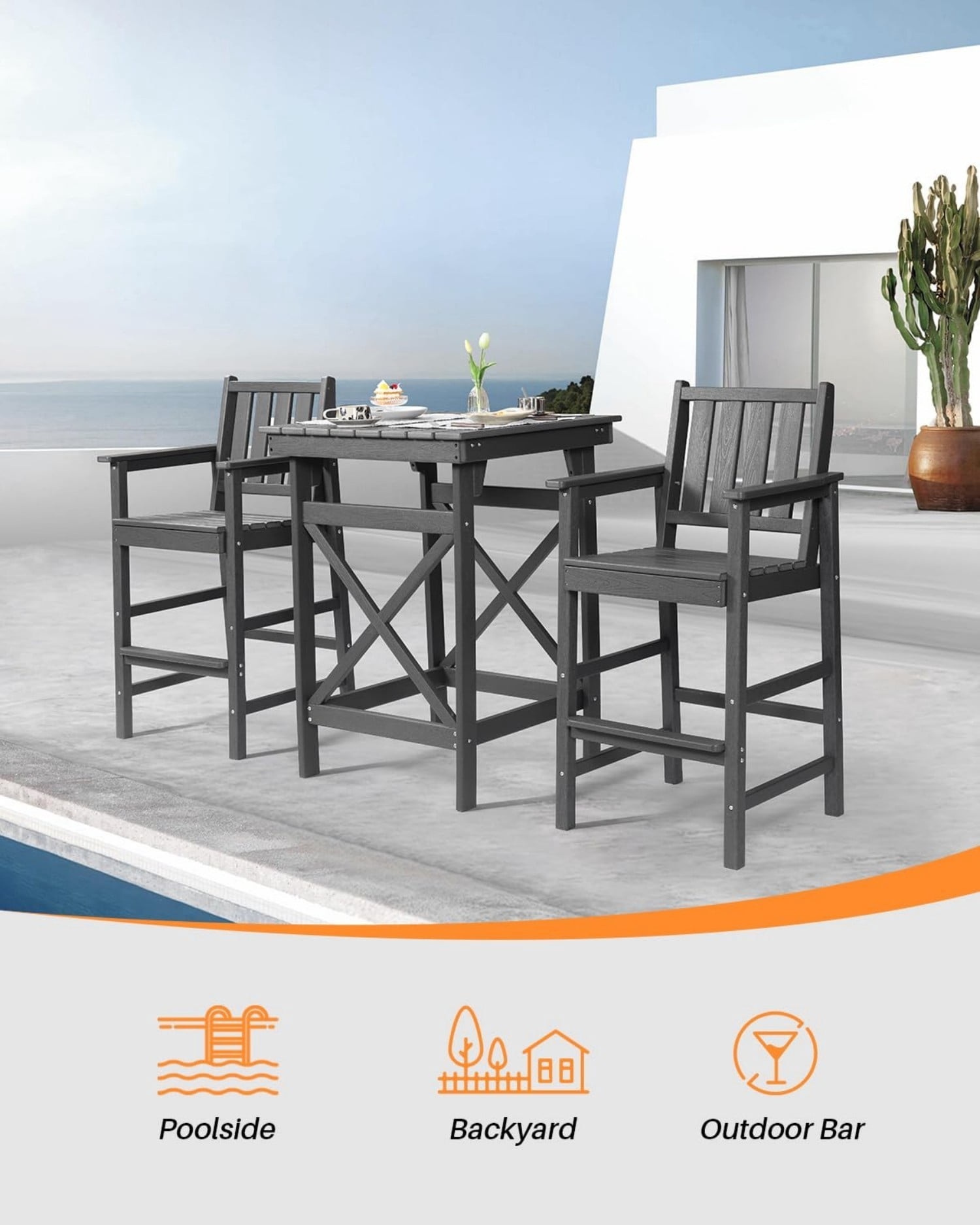 HDPE Outdoor Bar Table, 41" Adirondack Patio Bar Height Table, Weather Resistant High Top Pub Table for Poolside, Balcony, Porch, Garden, Smoke Gray
