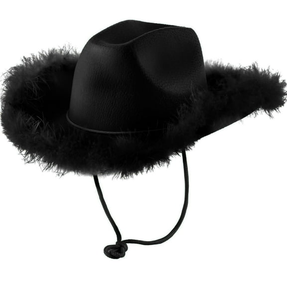 Miyuadkai Cowboy Hat With Feather Fluffy Feather Brim Adult Size Cowboy Hat With Feathers For Party Play Dress Up Outfits For Women Accessory Black