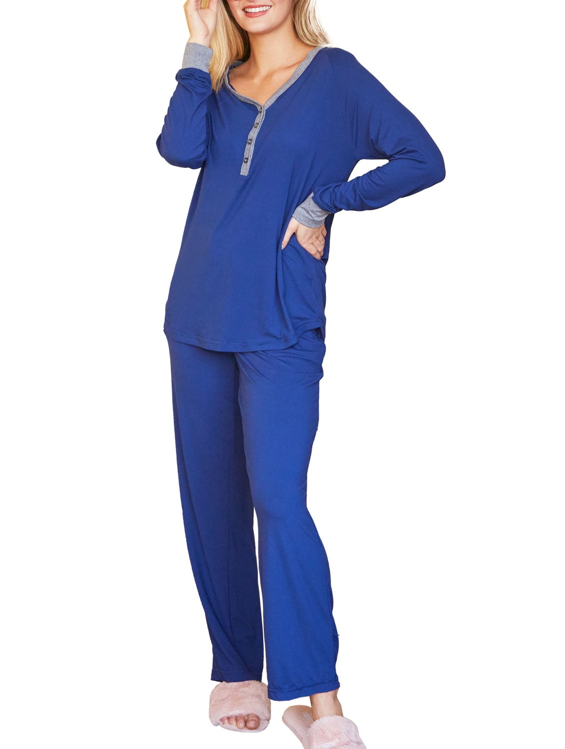 Doublju Women's Long Sleeve Henley Pajama Sleepwear 2 Pcs Set