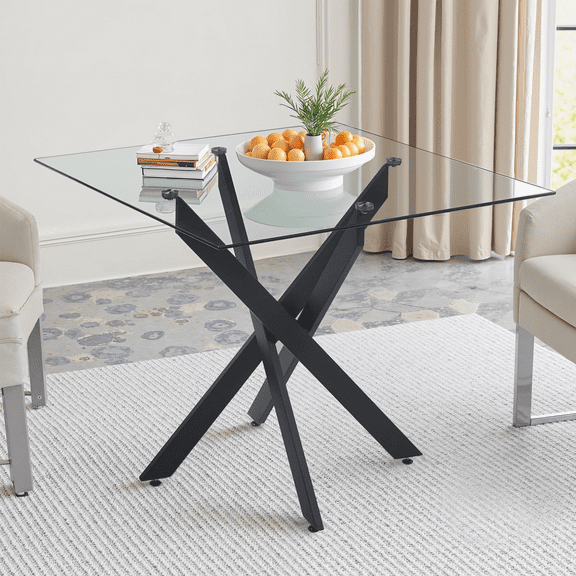 KATBOC 36in Square Glass Dining Table, Tempered Glass Top & Chrome Metal Legs, Modern Table for Small Spaces, Kitchen, Black