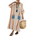 thumbnail image 4 of Gamivast Boho Maxi Dress for Women V Neck Short Sleeve Contrast Striped Trim with Pockets Casual Dress Loose Fit Oversized Flowy Vacation Dress, 4 of 5