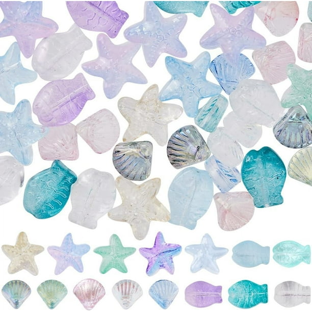 1 caja de 150 piezas de cuentas de estrella de mar, cuentas de concha de pez de vidrio a granel, color azul, rosa y verde, dijes de animales marinos de verano, separadores sueltos de doble cara