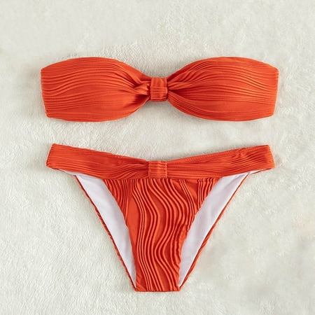 OSFVNOXV High Waisted Bikini Sets for Women Bandeau Swimsuit Strapless Bathing Suit Twist Front Ribbed Knit and Elastic String Thong Underwear Clearance