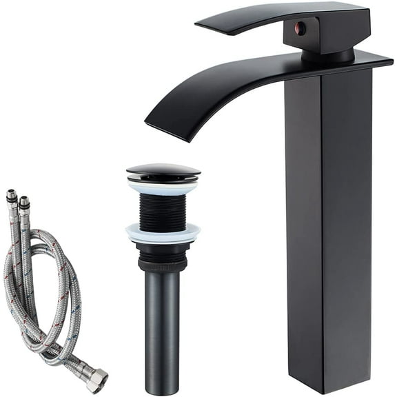 Matte Black Modern Tall Waterfall Bathroom Sink Faucet with Pop-Up Drain Single Handle Bathroom Faucet 1 Hole Bowl Lavatory Vanity Faucet