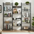 thumbnail image 2 of Triple Wide 5-Shelf Industrial Bookcase,Vintage Wood Style Large Open Bookshelves for Home Office,Dark Grey, 2 of 7
