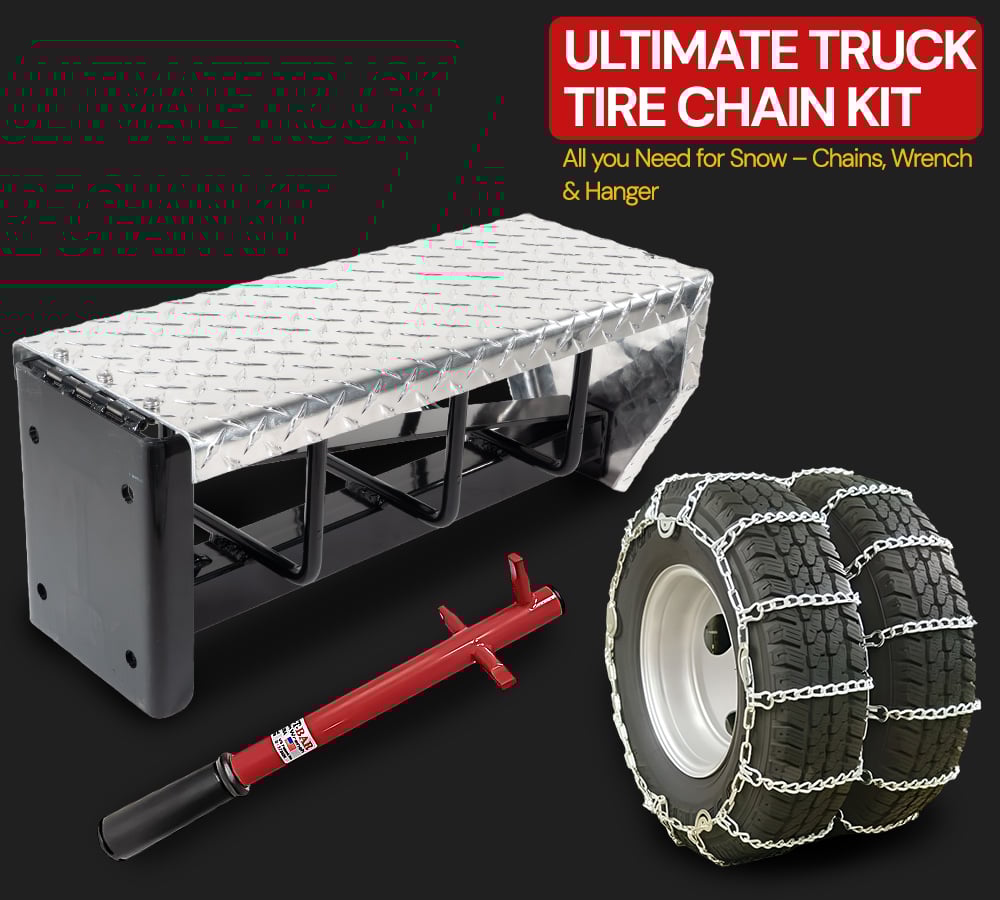 thumbnail image 2 of Truck Tire Chain Kit – (Set of 2) CAM Square Link Dual Snow Tire Chain for 24.5" Tires, 14" Tire Chain Wrench (1Pc), 24" Aluminum Tire Chain Hanger with Locking Tread Lid (1Pc), 2 of 9