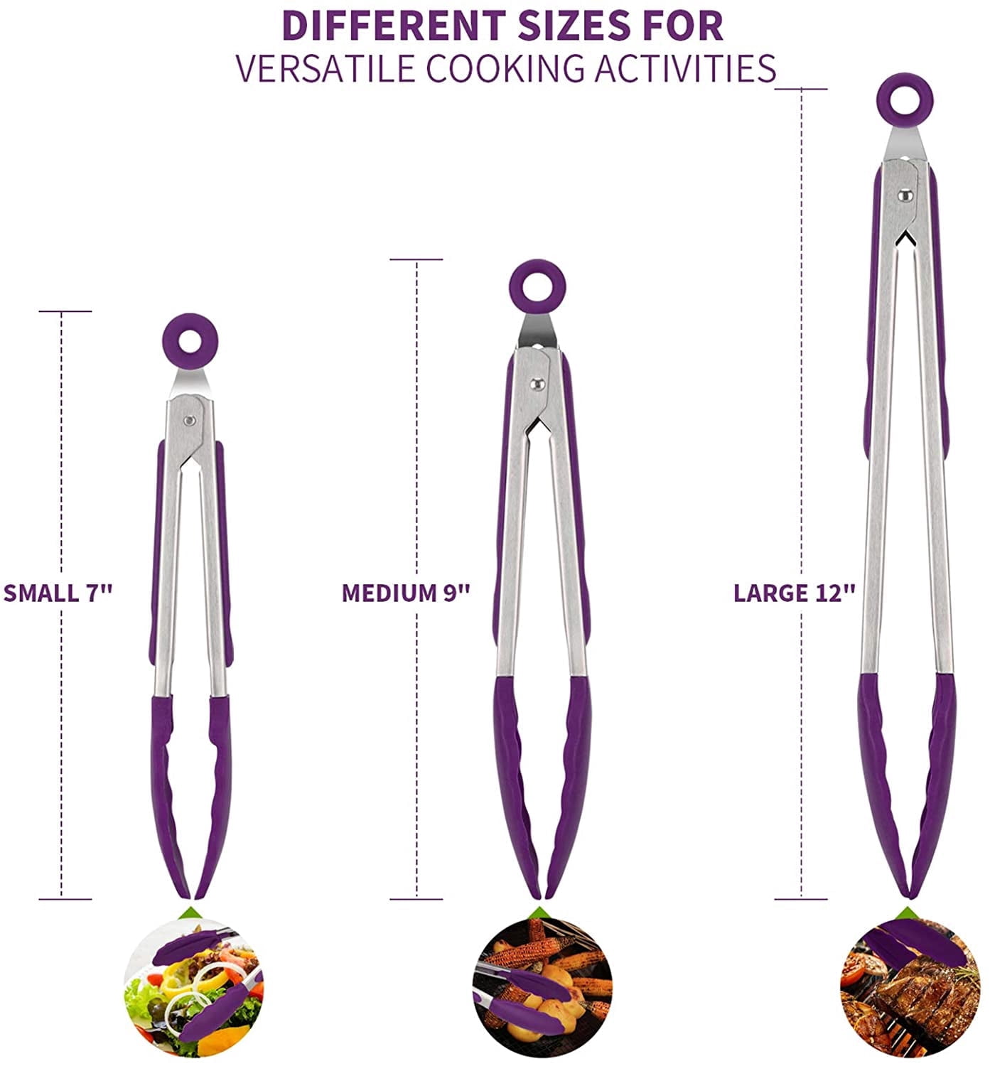 600°F Heat Resistant Kitchen Tongs:3Pcs 7/9/12in Silicone Cooking Tong with Firm Sealed Non Stick Rubber Tips & Silicon Coated 18/8 Stainless Steel Handle & Smooth Lock for Serving Grill
