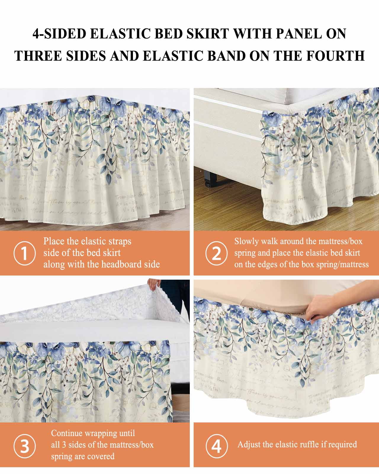 Blue Green Ruffle Bed Skirt Queen Size Flowers Eucalyptus Leaves Vintage Farmhouse Adjustable Elastic Dust Bed Skirts Wrap Around Bedskirt Wrinkle Free Easy Fit with 18 Inch Drop