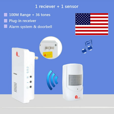 1byone Plug-in Wireless Home Security Driveway Alarm and Doorbell, 1 Plug-in Receiver and 1 PIR Motion Sensor Detector Weatherproof Patrol Infrared Alert System