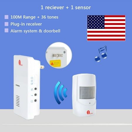 Bosch Motion Detectors 1byone Wireless Home Security Driveway Alarm and Doorbell, 1 Plug-in Receiver and 1 PIR Motion Sensor Detector Weatherproof Patrol Infrared Alert System Kit ()