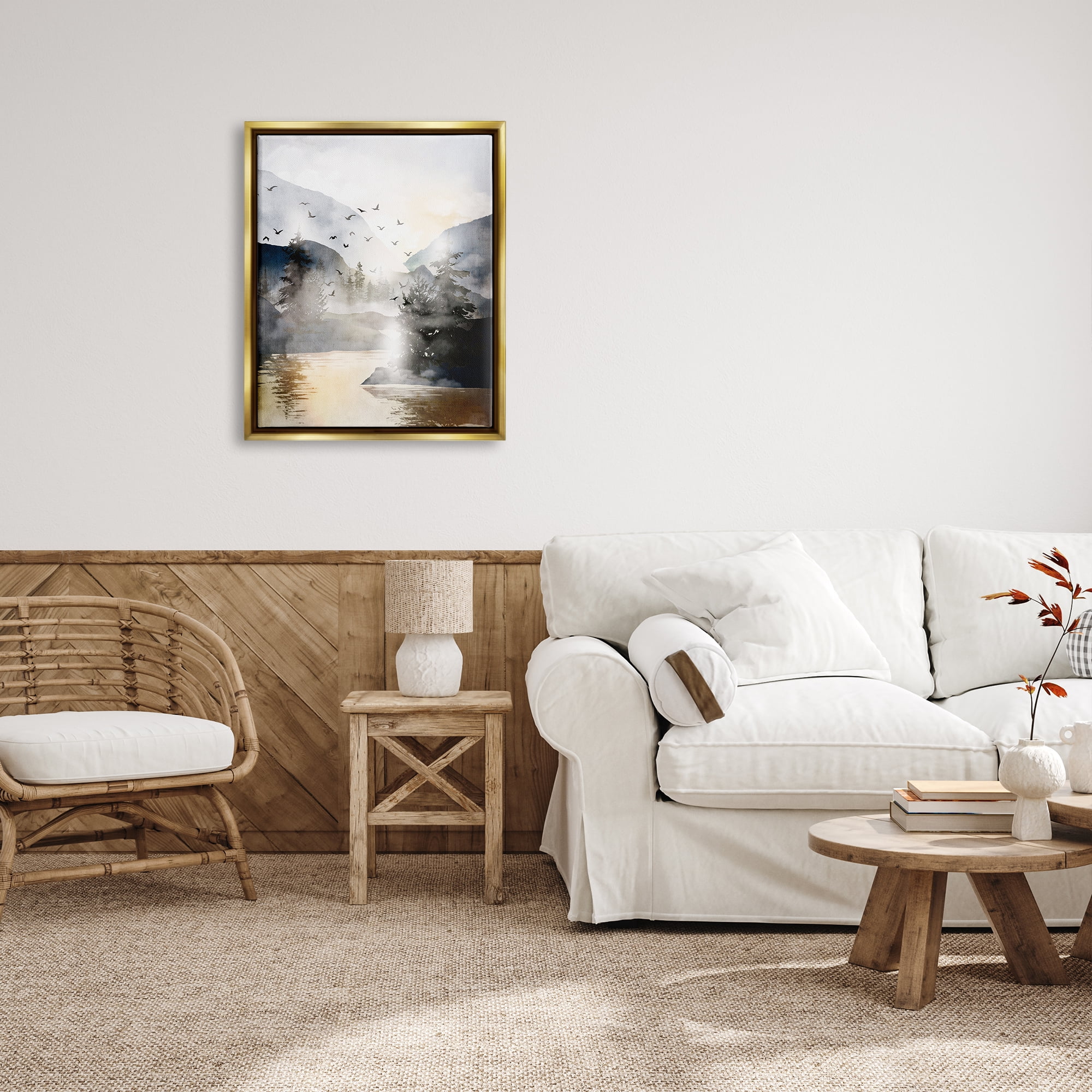 Stupell Flying Birds Mountain Lake View Landscape Painting Gold Floater Framed Art Print Wall Art