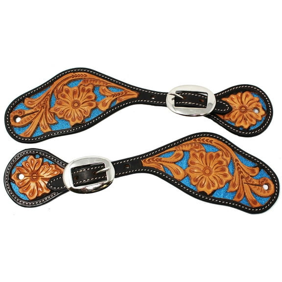 Horse Western Floral Tooled Leather Turquoise Glitter Spur Straps 74RT05