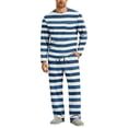 thumbnail image 2 of Mens Striped Sleepwear Set Long Sleeve Pocket Top Drawstring Elastic Waist Button Fly Long Pajama Pants Indoor Home Outfit, 2 of 8