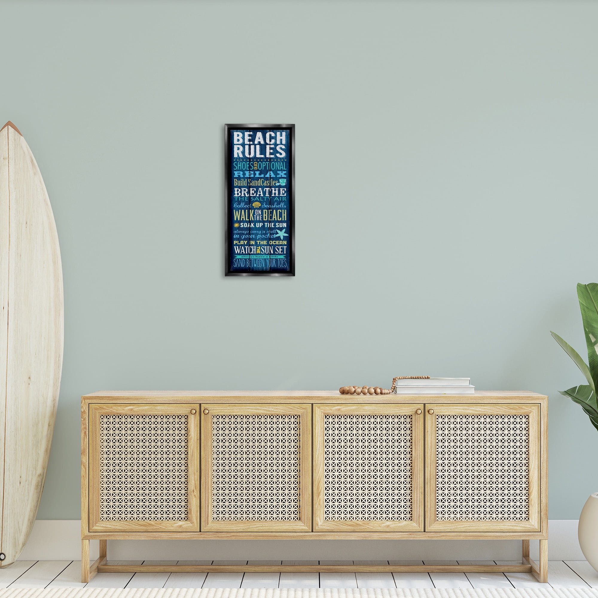 Stupell Industries Beach Rules Relax Breathe Typography Painting Black Floater Framed Canvas Art Print Wall Art, 11 x 25
