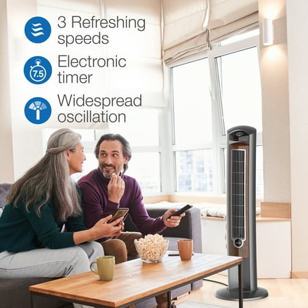 Lasko Wind Curve 42" 3-Speed Oscillating Ionizer Remote Controlled Tower, Gray/Brown, 2554