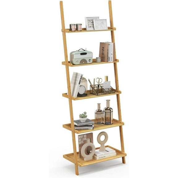 Tangkula 5-Tier Ladder Shelf Bookcase, Bamboo 72”H Wall-Leaning Bookshelf with Baffles and Anti-Tipping Kits, Plant Stand for Living Room Bathroom Home Office Decor, Ladder Bookshelf, Natural