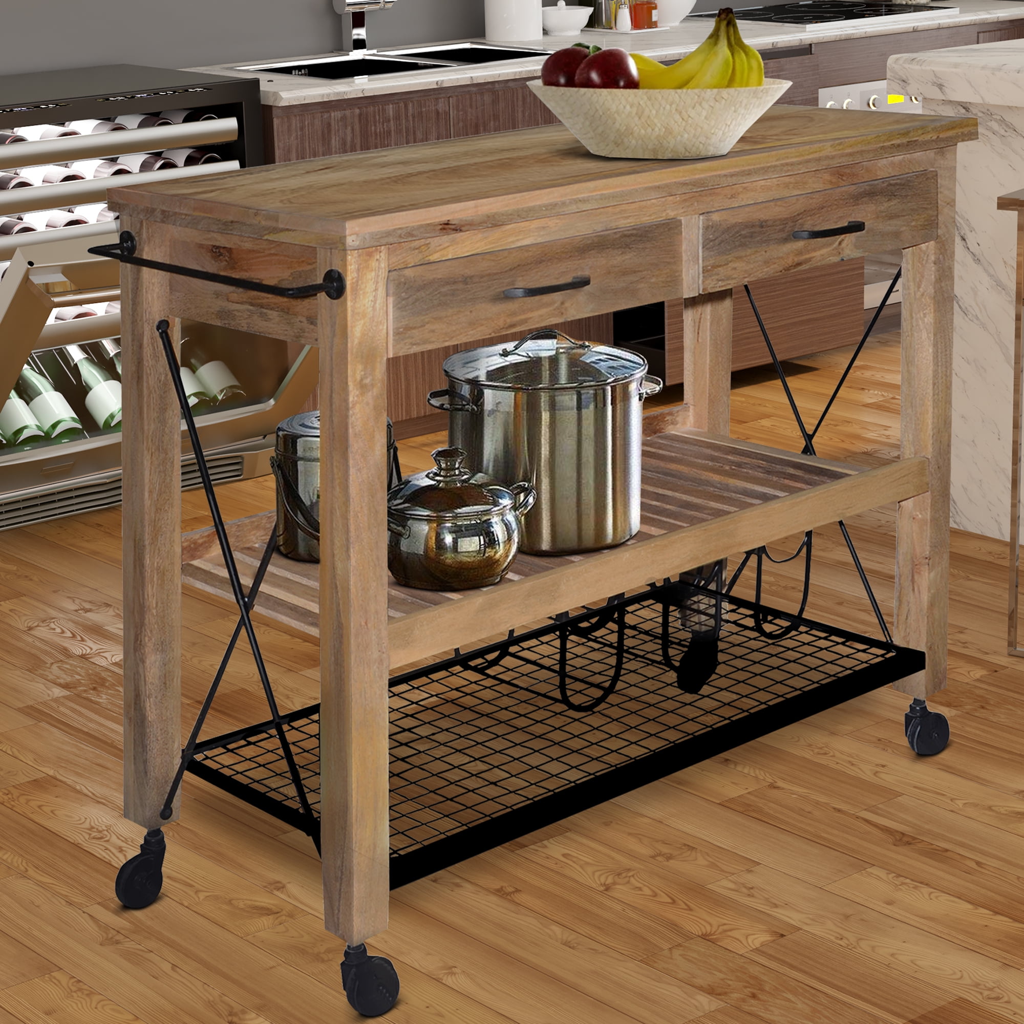 2 Drawer Wooden Bar Cart with 2 Shelves and Casters Support, Brown and