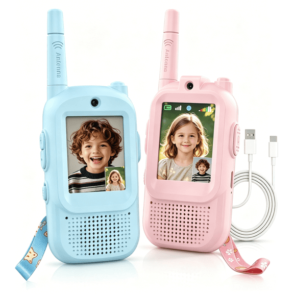 Video Walkie Talkies for Kids, Handheld 2 Pack Rechargeable Video Intercom Kids Walkies Talkies, Indoor Outdoor Toys for Family Games, Outside, Camping, Hiking for Boys Girls Ages 3-12 (Blue/Pink)