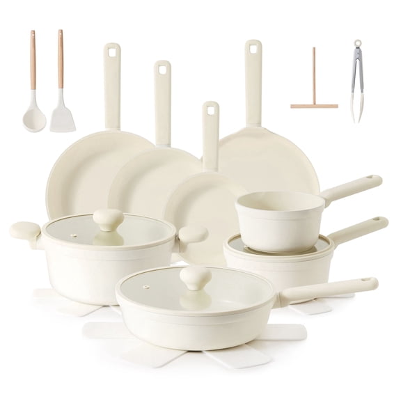 SENSARTE Ceramic Nonstick Pots and Pans Set, 24Pcs Healthy Non Stick Cookware Set with Pots Protectors, Induction Kitchen Cookware Sets Cream White