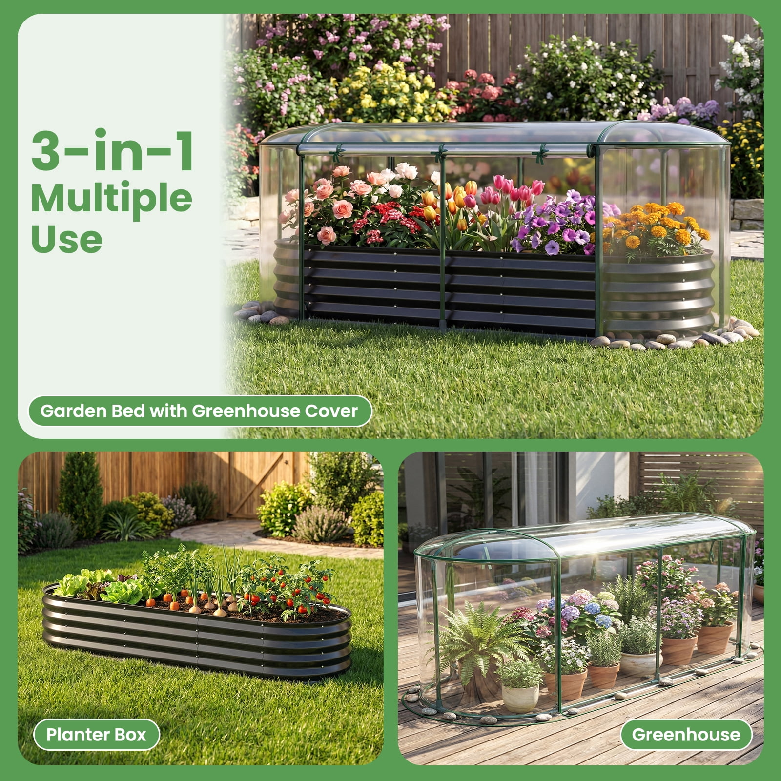 Costway 6 x 2 x 1 FT Color Steel Raised Garden Bed with Greenhouse Cover, Roll-up Window Black + Transparent