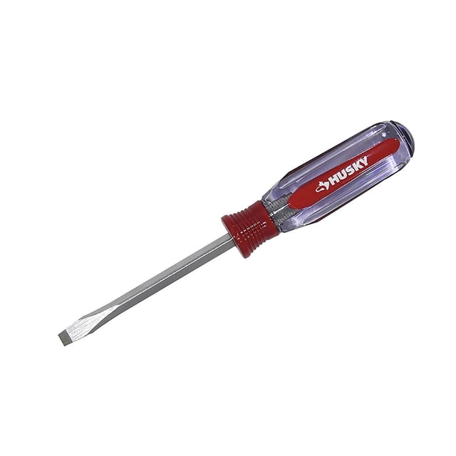 destornillador plano husky 20.95x2.99x2.99 cm acero punta 1/ — Destornillador plano Husky con mango ergonómico translúcido rojo y logo blanco, eje de acero brillante de 10.15 cm y punta plana de 1/4 pulgada, largo total 20.95 cm, agarre estriado para mejor manejo; suele usarse como atornillador manual para ajustes en espacios reducidos.