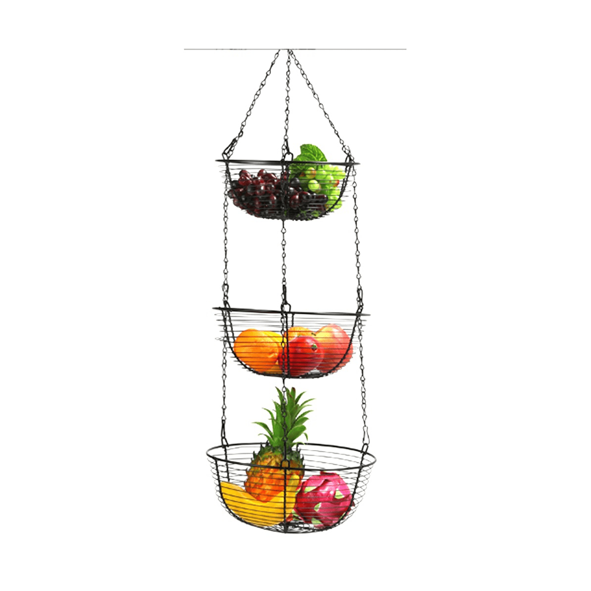 3-Tier Hanging Basket Fruit Organizer Kitchen Heavy Duty Wire Organizer with Wire Metal Ceiling Hooks-Black Wire Basket