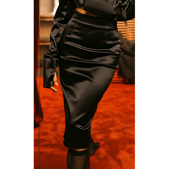 Women's High Waisted Midi Satin Skirt Elegant Silk Long Skirt Elastic Back Split Office Wear
