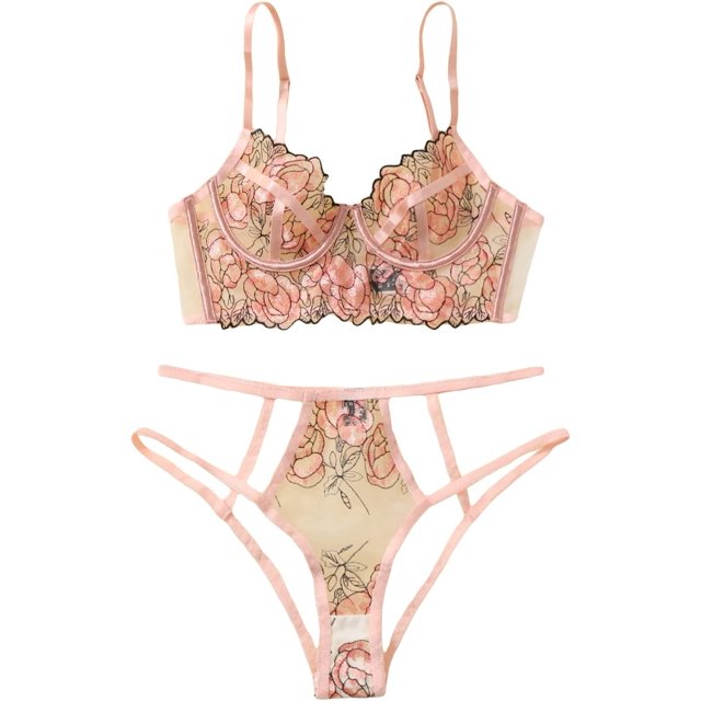 Conjunto de lencería sexy de 2 piezas con apliques de malla tanga y brasier y tangas para mujer Florales rosas G Florales rosas G Xishao ropa