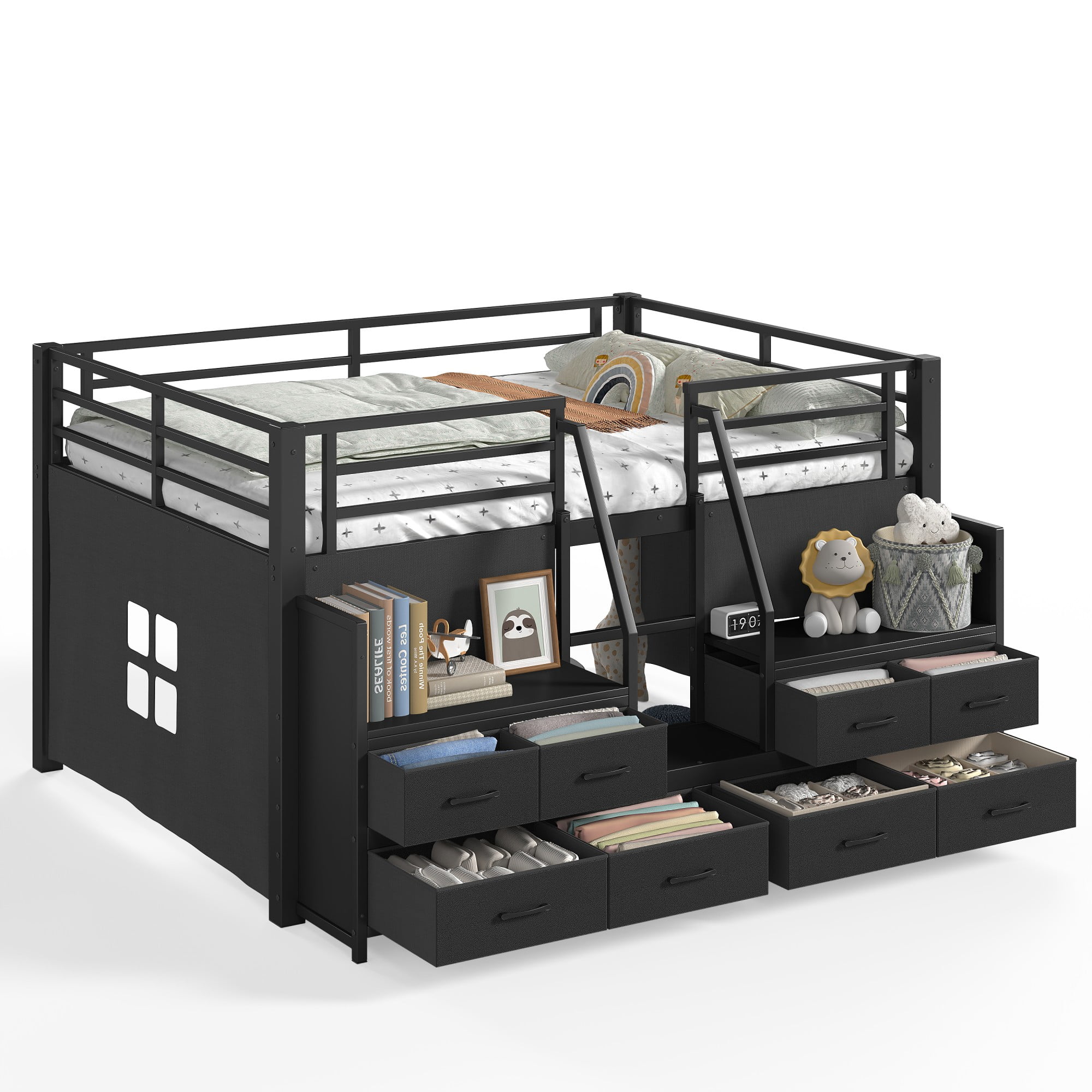 Aukfa Full Size Loft Bed with 8 Storage Drawers, Shelves & LED Lights, Metal Low Loft Bed for Kids Bedroom, Black