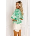 thumbnail image 3 of Women's Green Floral Smocked V-Neck Blouse – Casual Short Sleeve Summer Shift Top, XL, 3 of 12